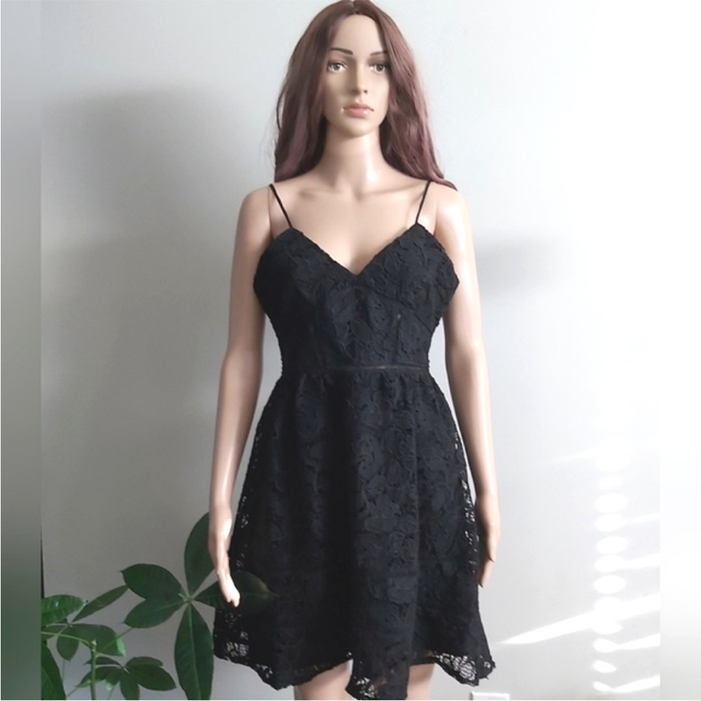 BB Dakota black lace skater dress spaghetti strap sweetheart neckline lined